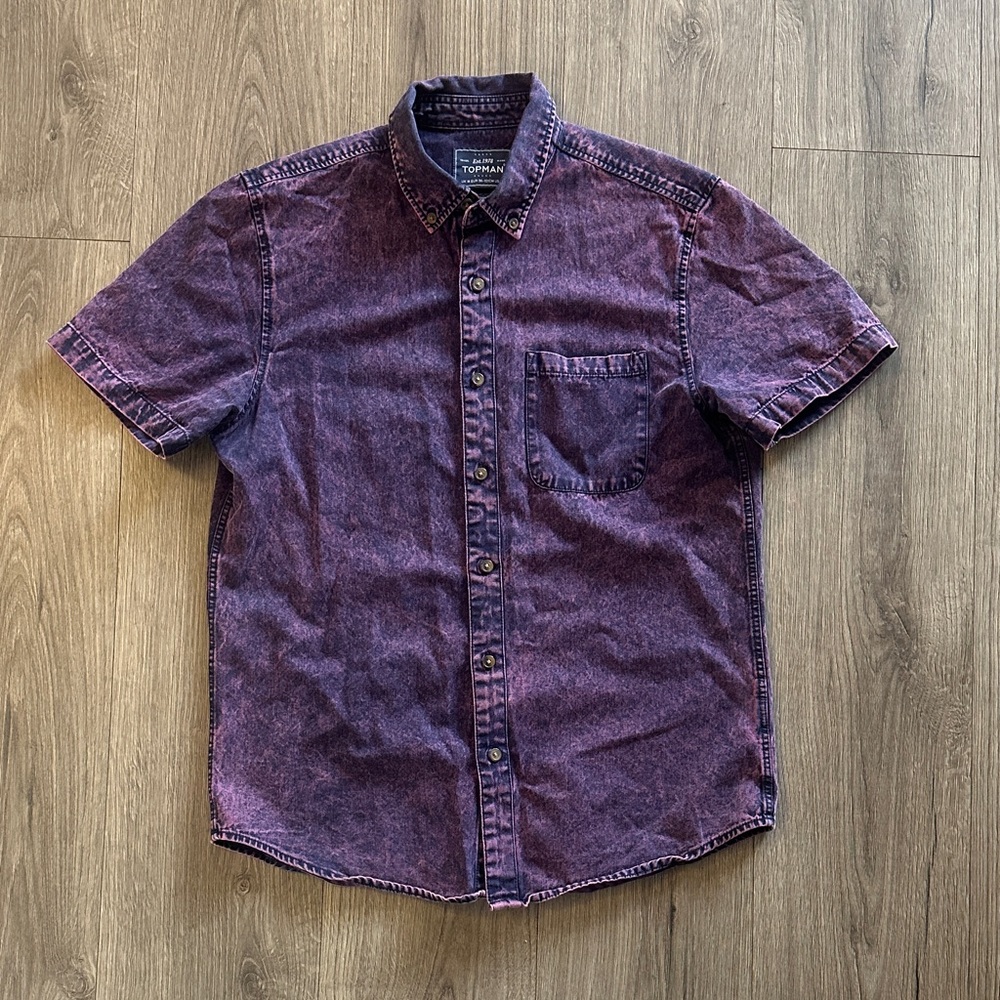 Topman Men's Casual Purple Acid Wash Denim Button Down Shirt